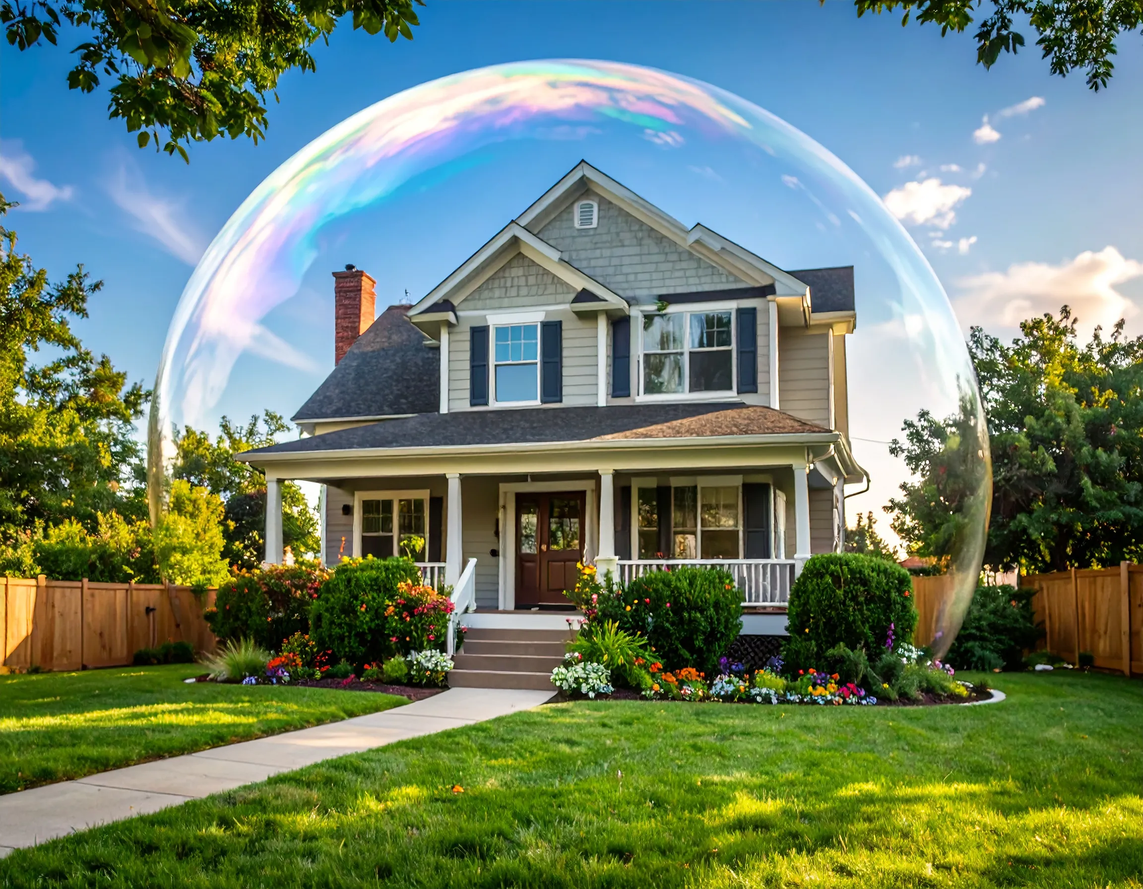 A house surrounded by a bubble, AI generated.